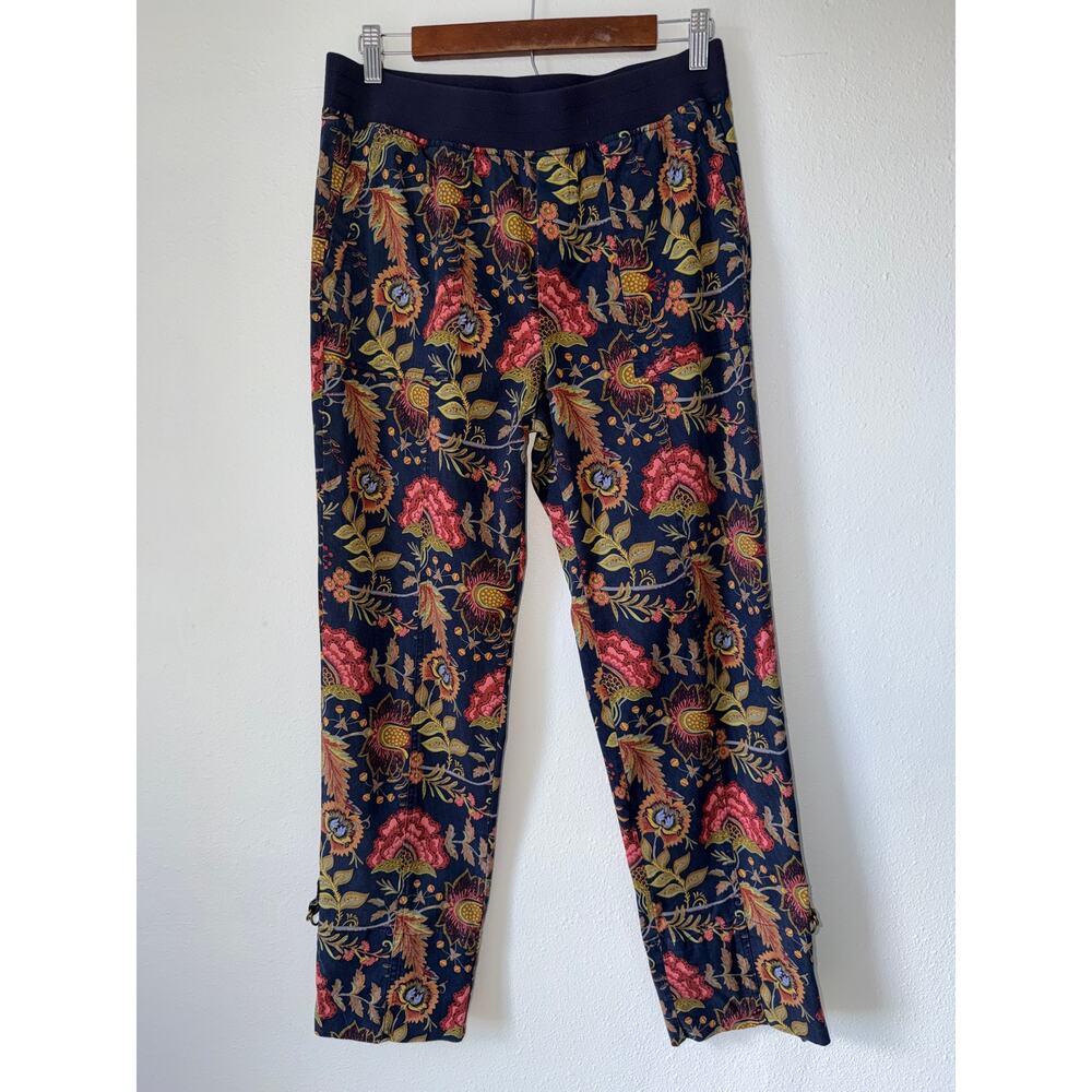 Navy Blue Floral Paisley Print Artistic Boho Multi Trousers Pants Size Small